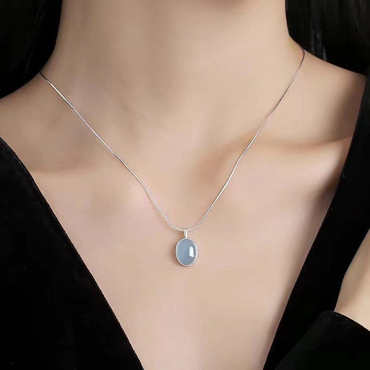 S925 Aquamarine Pendant Necklace  Sterling Silver Women's Jewelry