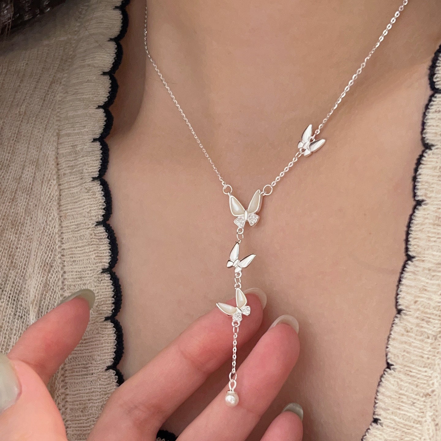 S925 Sterling Silver Silk-to-Shell Butterfly Necklace | Adjustable 16.1-19.7 inches | Elegant Jewelry Gift