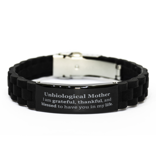 Unbiological Mother Appreciation Gifts, I am grateful, thankful, and blessed, Thank You Black Glidelock Clasp Bracelet for Unbiological Mother, Birthday Inspiration Gifts for Unbiological Mother