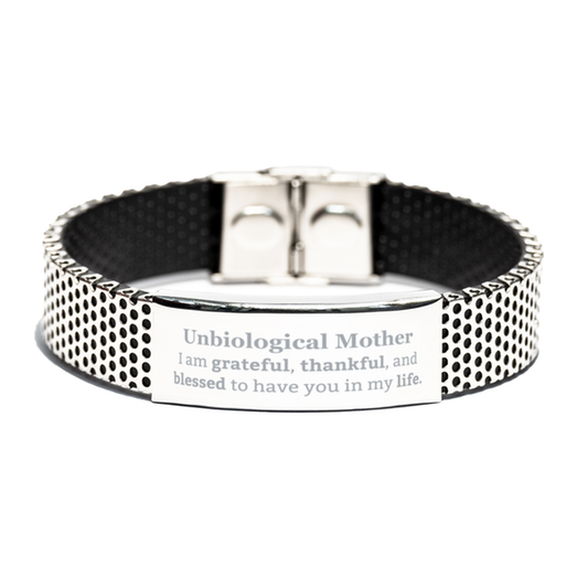 Unbiological Mother Appreciation Gifts, I am grateful, thankful, and blessed, Thank You Stainless Steel Bracelet for Unbiological Mother, Birthday Inspiration Gifts for Unbiological Mother