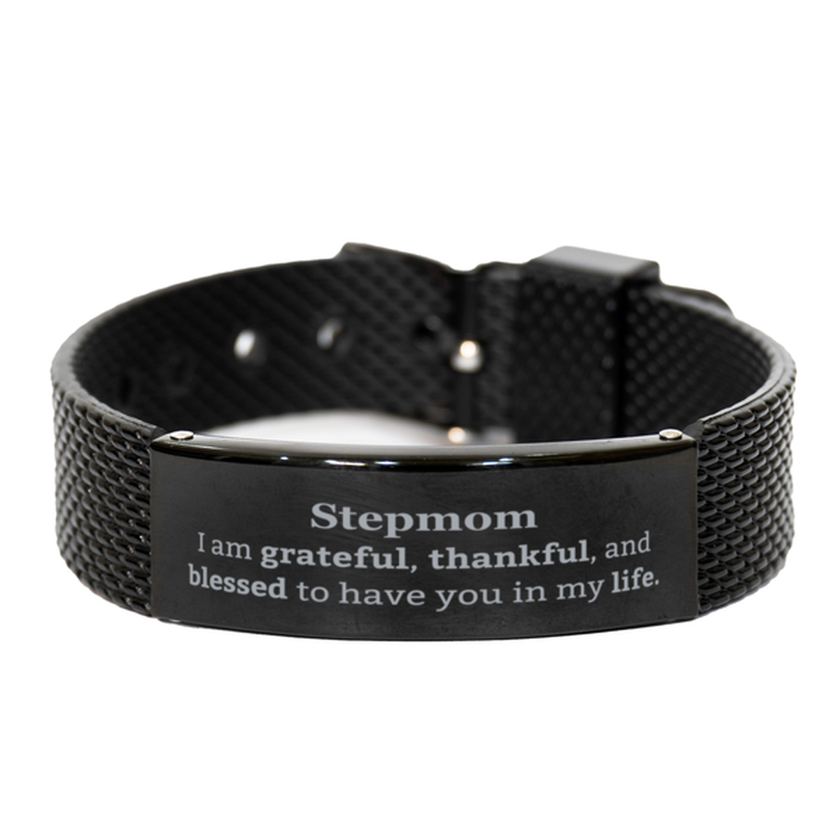 Stepmom Appreciation Gifts, I am grateful, thankful, and blessed, Thank You Black Shark Mesh Bracelet for Stepmom, Birthday Inspiration Gifts for Stepmom