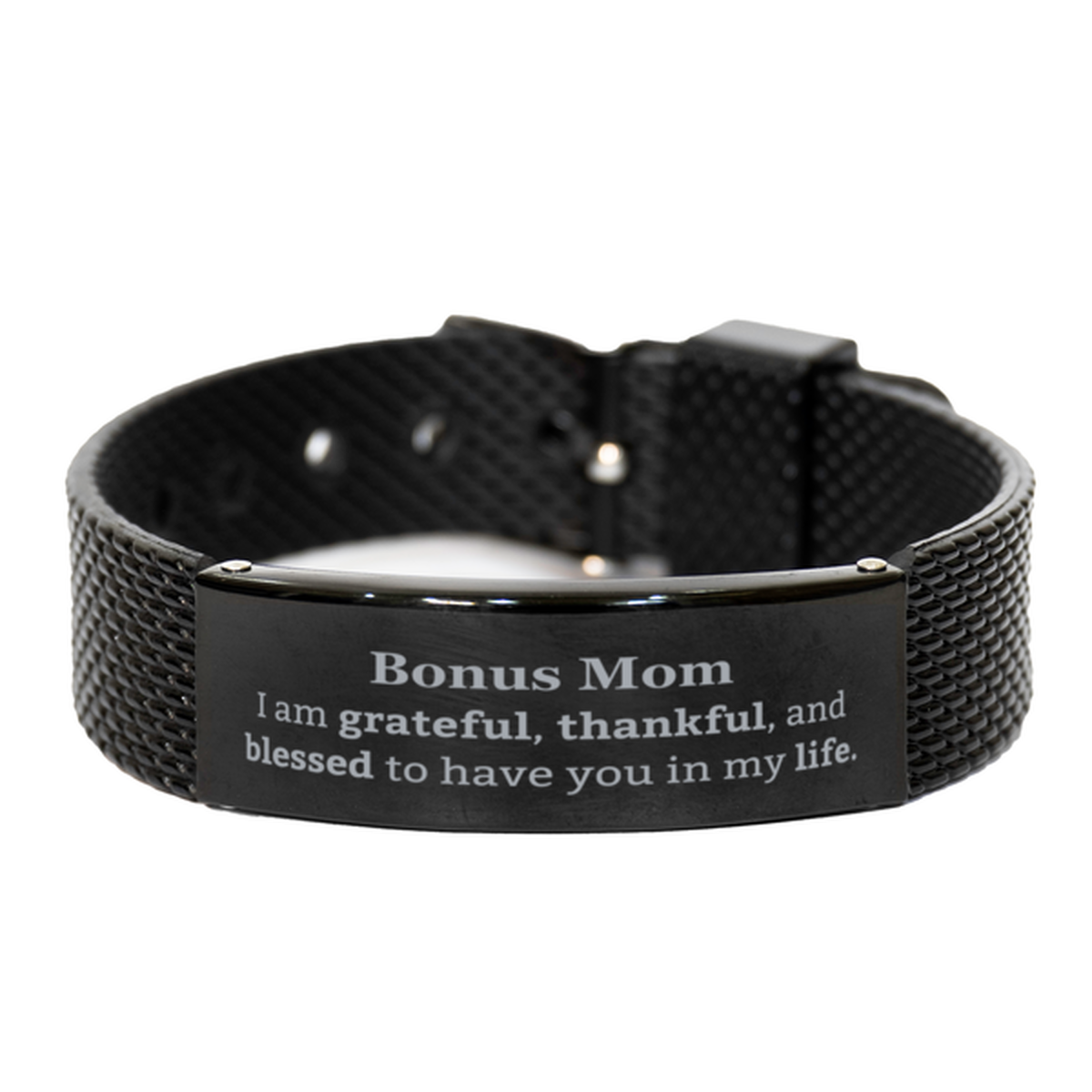 Bonus Mom Appreciation Gifts, I am grateful, thankful, and blessed, Thank You Black Shark Mesh Bracelet for Bonus Mom, Birthday Inspiration Gifts for Bonus Mom