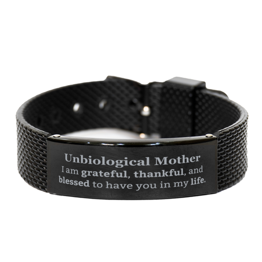 Regalos de agradecimiento para madres no biológicas, estoy agradecida, agradecida y bendecida, pulsera de malla de tiburón negro de agradecimiento para madres no biológicas, regalos de inspiración de cumpleaños para madres no biológicas