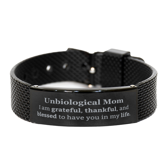 Unbiological Mom Appreciation Gifts, I am grateful, thankful, and blessed, Thank You Black Shark Mesh Bracelet for Unbiological Mom, Birthday Inspiration Gifts for Unbiological Mom