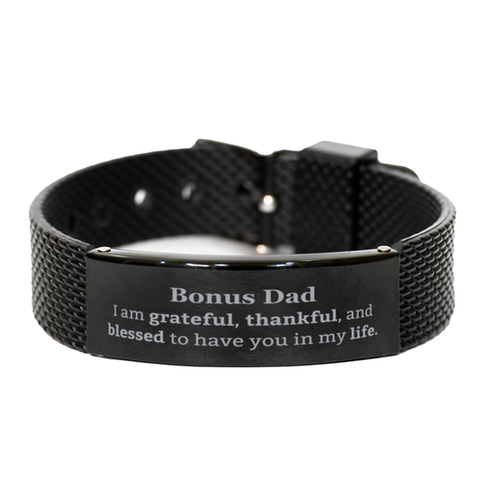 Bonus Dad Appreciation Gifts, I am grateful, thankful, and blessed, Thank You Black Shark Mesh Bracelet for Bonus Dad, Birthday Inspiration Gifts for Bonus Dad
