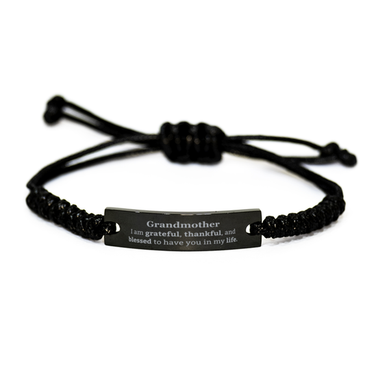 Grandmother Appreciation Gifts, I am grateful, thankful, and blessed, Thank You Black Rope Bracelet for Grandmother, Birthday Inspiration Gifts for Grandmother