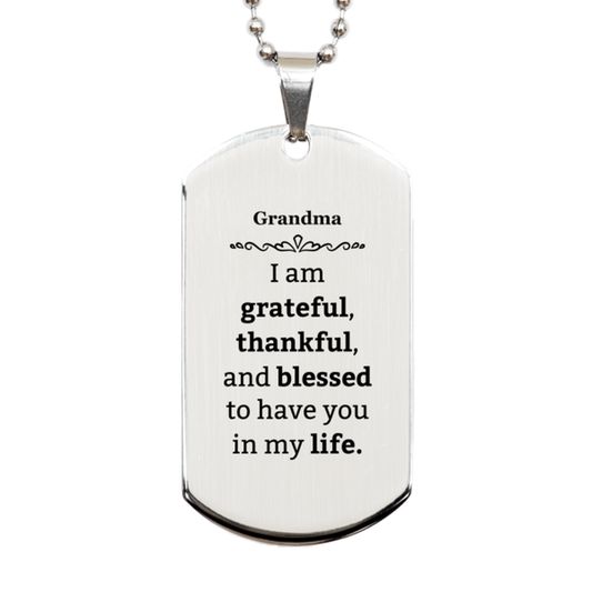 Grandma Appreciation Gifts, I am grateful, thankful, and blessed, Thank You Silver Dog Tag for Grandma, Birthday Inspiration Gifts for Grandma