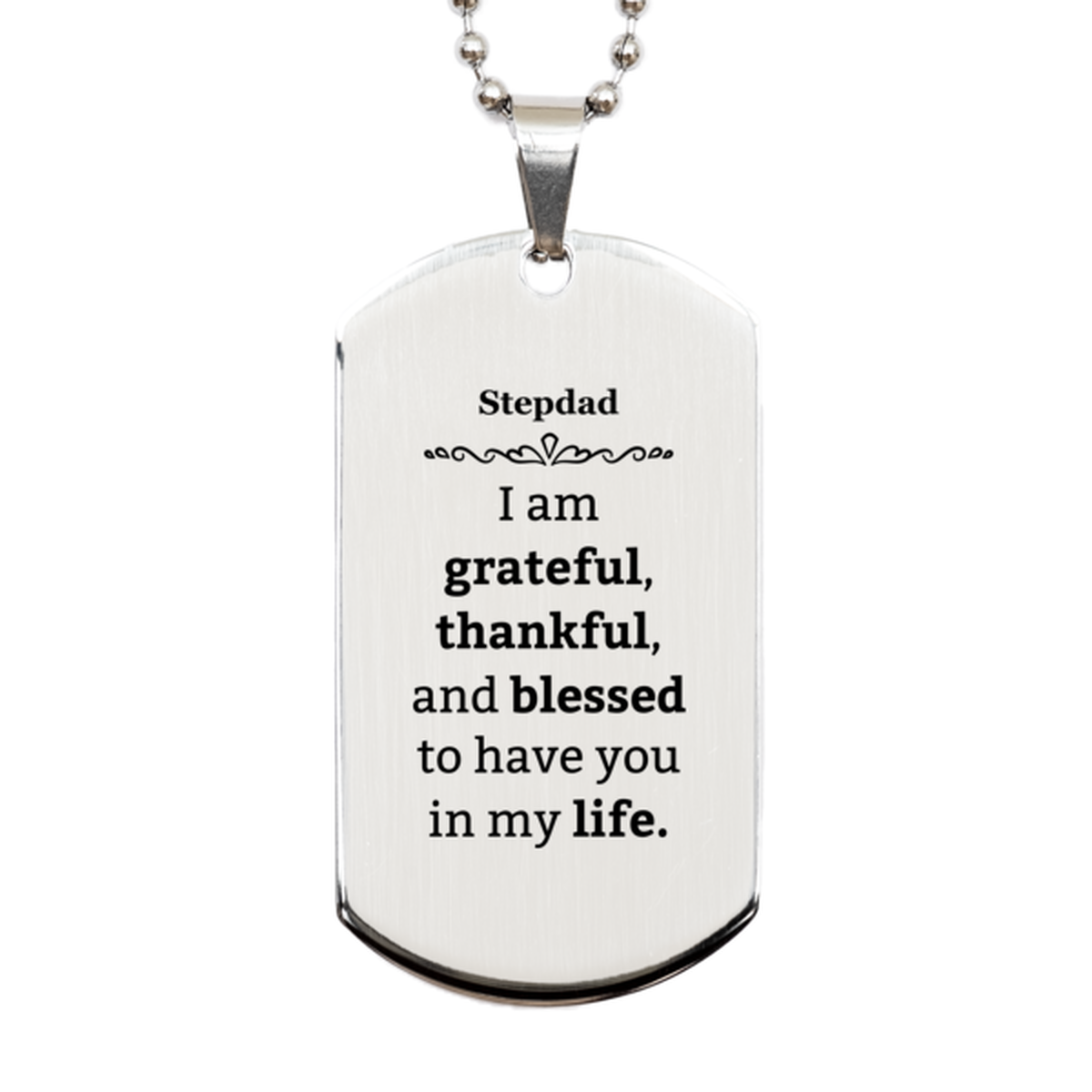 Stepdad Appreciation Gifts, I am grateful, thankful, and blessed, Thank You Silver Dog Tag for Stepdad, Birthday Inspiration Gifts for Stepdad
