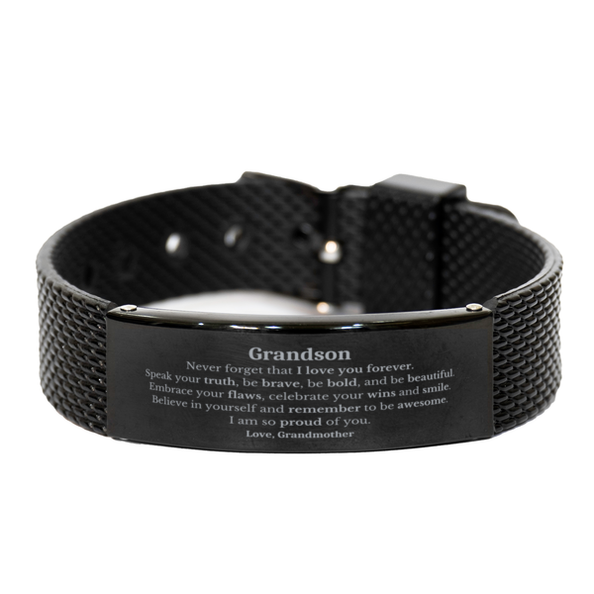 Grandson Black Shark Mesh Bracelet, Never forget that I love you forever, Inspirational Grandson Birthday Unique Gifts From Grandmother