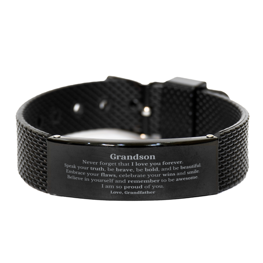 Grandson Black Shark Mesh Bracelet, Never forget that I love you forever, Inspirational Grandson Birthday Unique Gifts From Grandfather