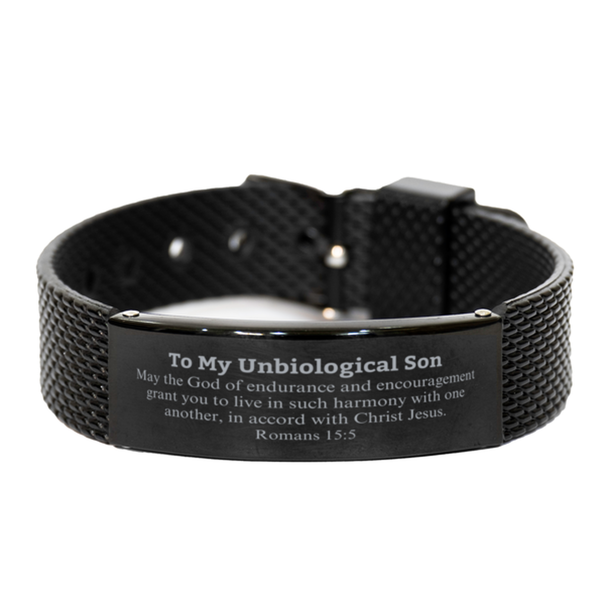 To My Unbiological Son Gifts, May the God of endurance, Bible Verse Scripture Black Shark Mesh Bracelet, Birthday Confirmation Gifts for Unbiological Son