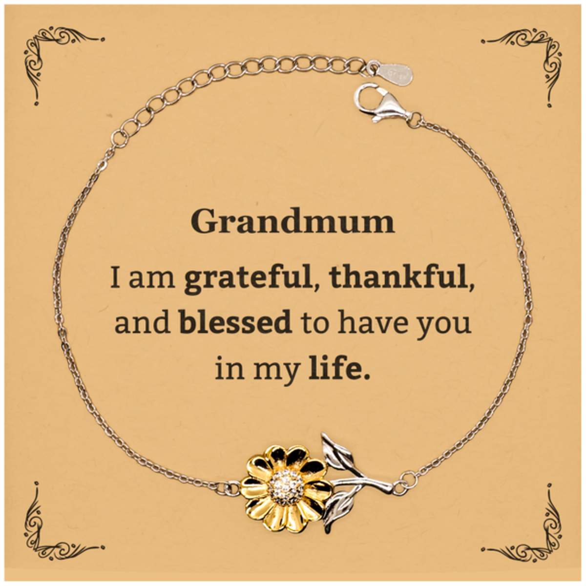 Grandmum Appreciation Gifts, I am grateful, thankful, and blessed, Thank You Sunflower Bracelet for Grandmum, Birthday Inspiration Gifts for Grandmum