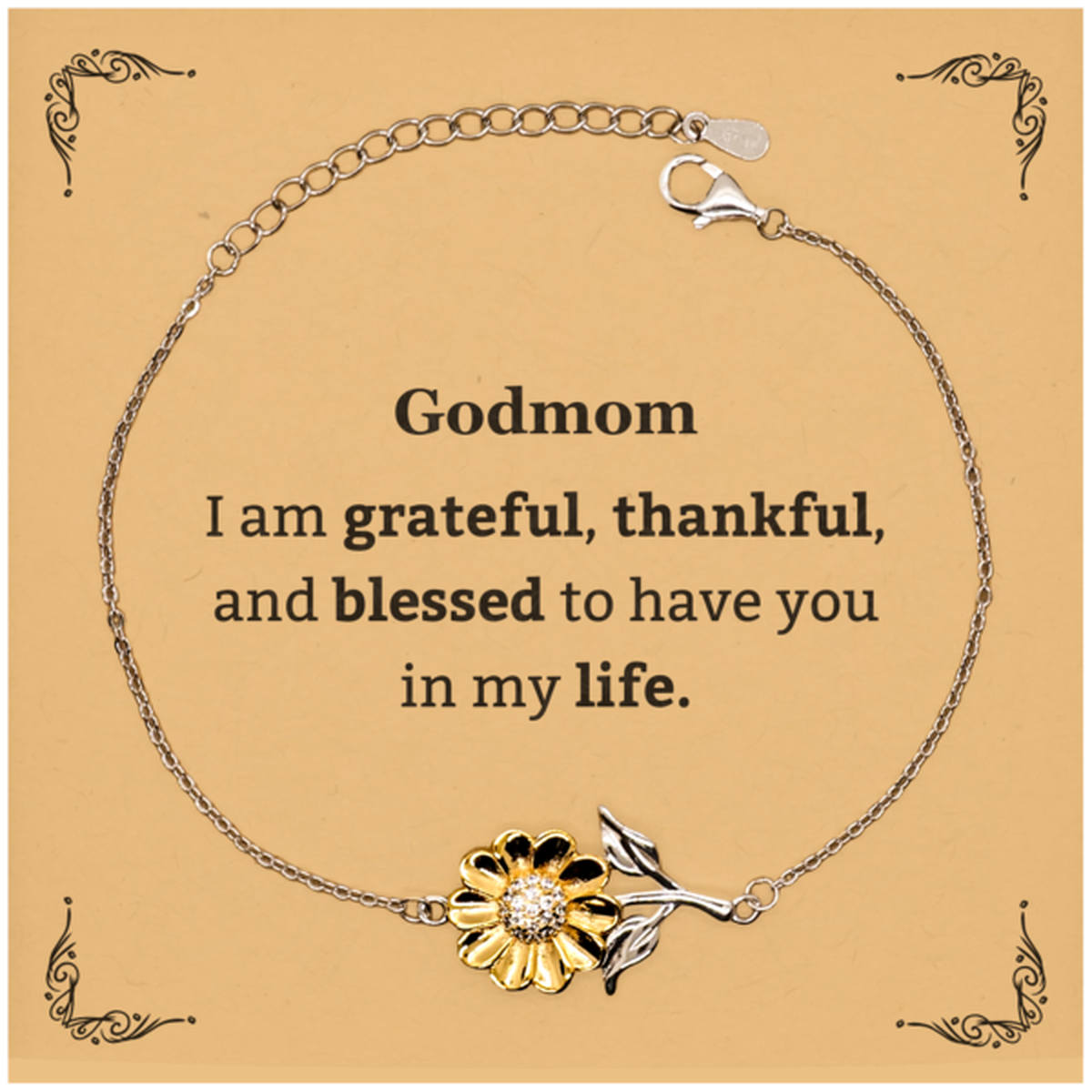 Godmom Appreciation Gifts, I am grateful, thankful, and blessed, Thank You Sunflower Bracelet for Godmom, Birthday Inspiration Gifts for Godmom