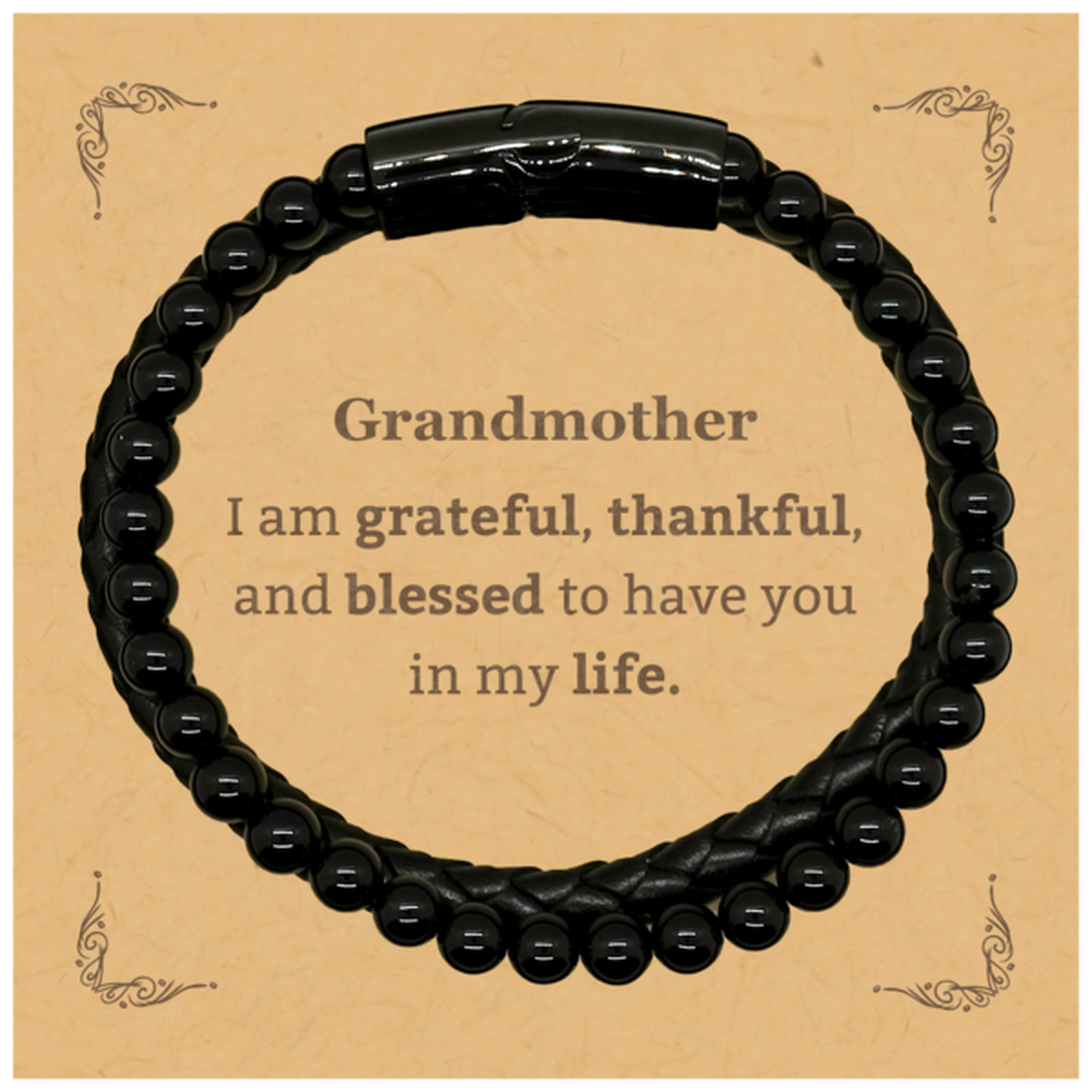 Grandmother Appreciation Gifts, I am grateful, thankful, and blessed, Thank You Stone Leather Bracelets for Grandmother, Birthday Inspiration Gifts for Grandmother