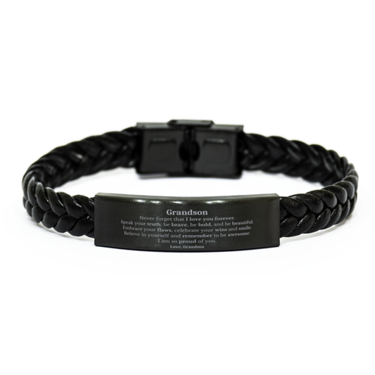 Grandson Braided Leather Bracelet, Never forget that I love you forever, Inspirational Grandson Birthday Unique Gifts From Grandma