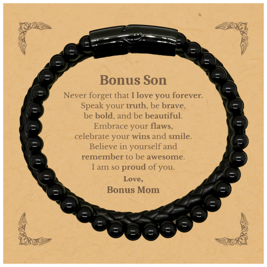 Bonus Son Stone Leather Bracelets, Never forget that I love you forever, Inspirational Bonus Son Birthday Unique Gifts From Bonus Mom