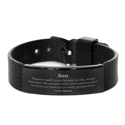 Pulsera de malla de tiburón negro para hijo. Siempre muy orgulloso de ti. Regalos inspiradores de cumpleaños para hijo de parte de mamá.