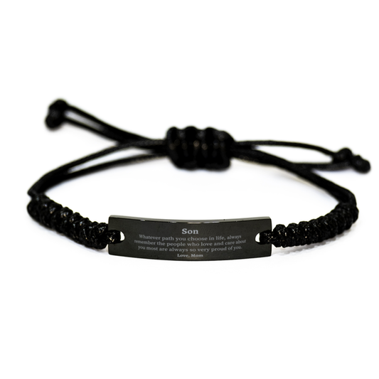 Pulsera de cuerda negra para hijo. Siempre muy orgulloso de ti. Regalos inspiradores de cumpleaños para hijo de parte de mamá.