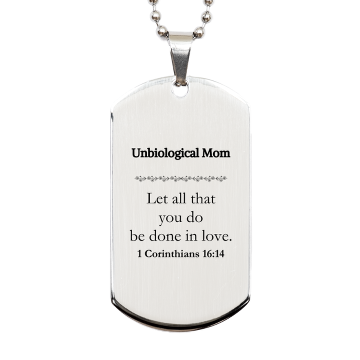 Regalos para mamás cristianas no biológicas, que todo lo que hagan sea hecho con amor, placa de identificación plateada con versículo bíblico, regalos de confirmación de bautismo para mamás no biológicas