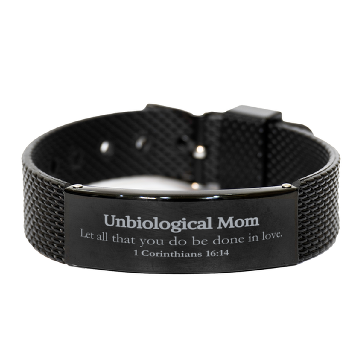 Christian Unbiological Mom Gifts, Let all that you do be done in love, Bible Verse Scripture Black Shark Mesh Bracelet, Baptism Confirmation Gifts for Unbiological Mom