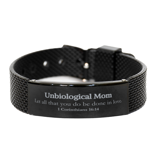 Christian Unbiological Mom Gifts, Let all that you do be done in love, Bible Verse Scripture Black Shark Mesh Bracelet, Baptism Confirmation Gifts for Unbiological Mom