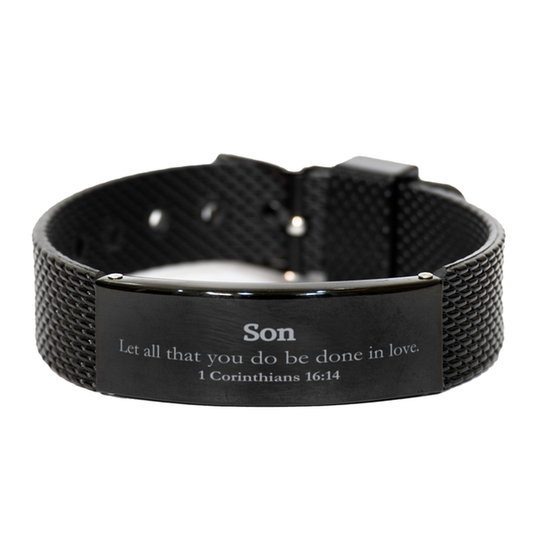 Christian Son Gifts, Let all that you do be done in love, Bible Verse Scripture Black Shark Mesh Bracelet, Baptism Confirmation Gifts for Son