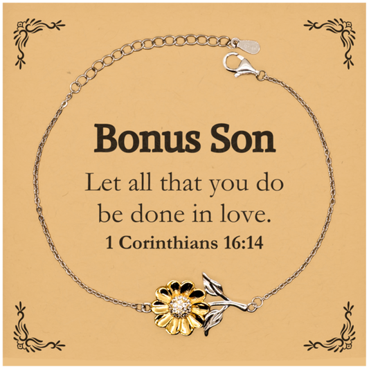 Christian Bonus Son Gifts, Let all that you do be done in love, Bible Verse Scripture Sunflower Bracelet, Baptism Confirmation Gifts for Bonus Son