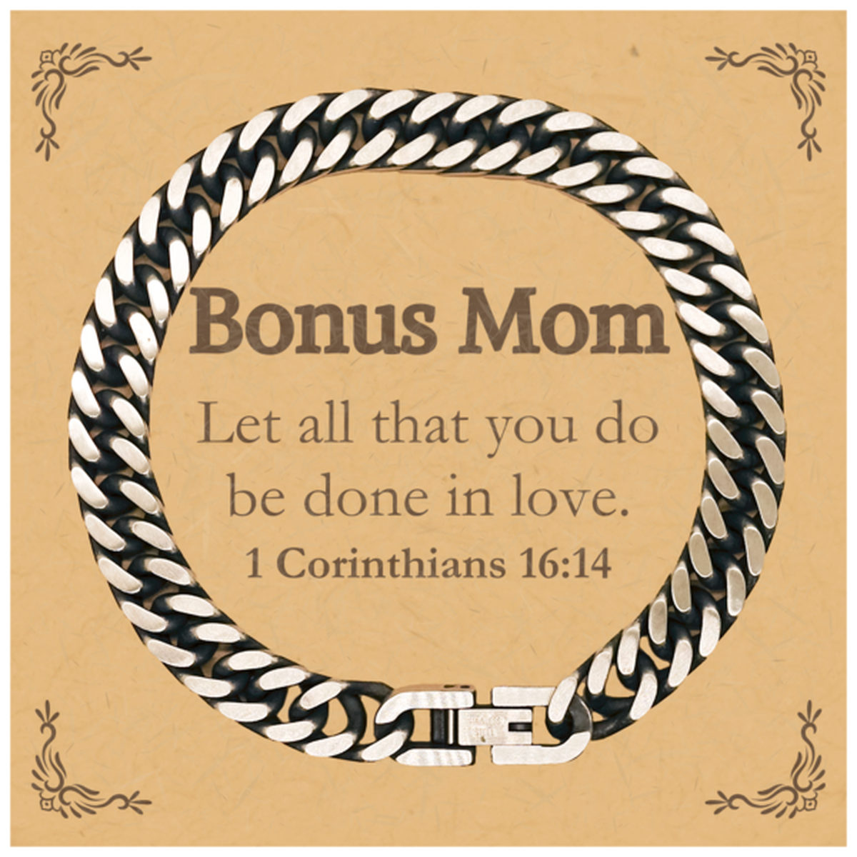 Christian Bonus Mom Gifts, Let all that you do be done in love, Bible Verse Scripture Cuban Link Chain Bracelet, Baptism Confirmation Gifts for Bonus Mom