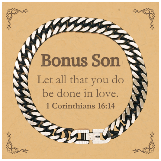 Christian Bonus Son Gifts, Let all that you do be done in love, Bible Verse Scripture Cuban Link Chain Bracelet, Baptism Confirmation Gifts for Bonus Son