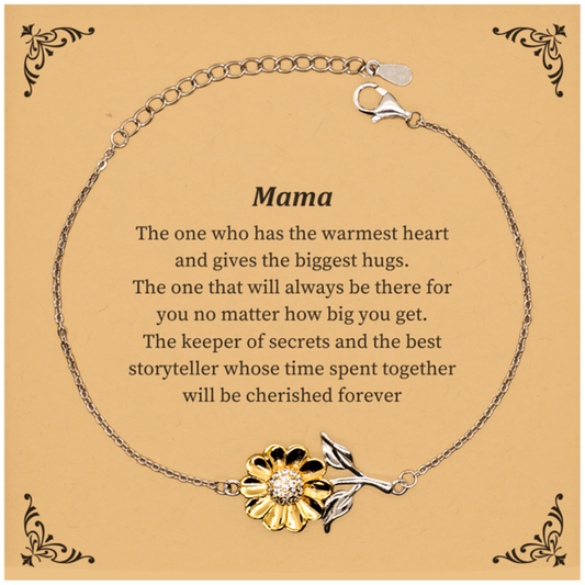 Sunflower Bracelet Mama- The Keeper of Secrets and Best Storyteller Gift for Her - Inspirational Jewelry for Mothers, Birthdays, Christmas, Holidays - Unique Engraved Sunflower Cuff Bracelet to Cherish Forever