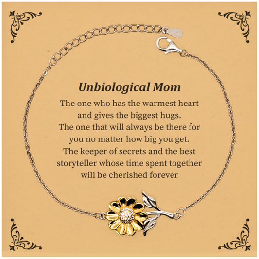 Unique Unbiological Mom Sunflower Bracelet - The warmest heart, cherished forever, perfect gift for Mothers Day, Birthday.