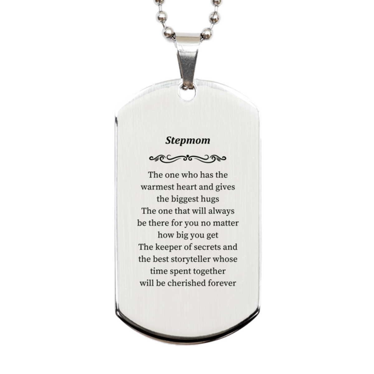 stepmom gift silver dog tag engraved warm heart hugs cherished memories