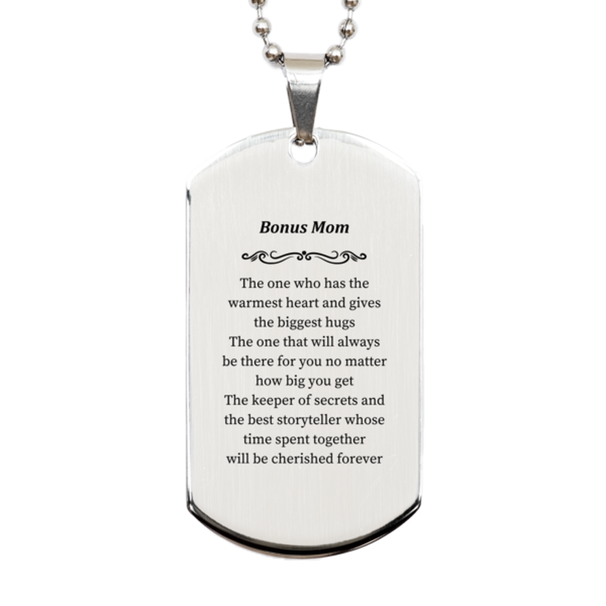 bonus mom engraved silver dog tag the keeper of secrets and best storyteller for birthday graduation and holidays nurturing and loving bonus mom gift