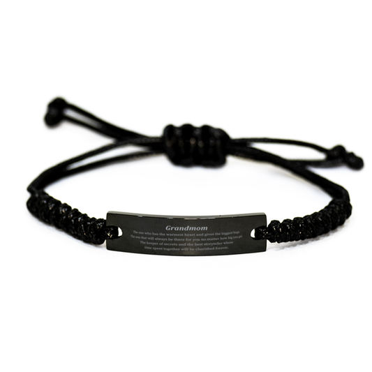 Grandmom Black Rope Bracelet - The Warmest Heart and Cherished Moments Engraved Gift for Birthday and Holidays