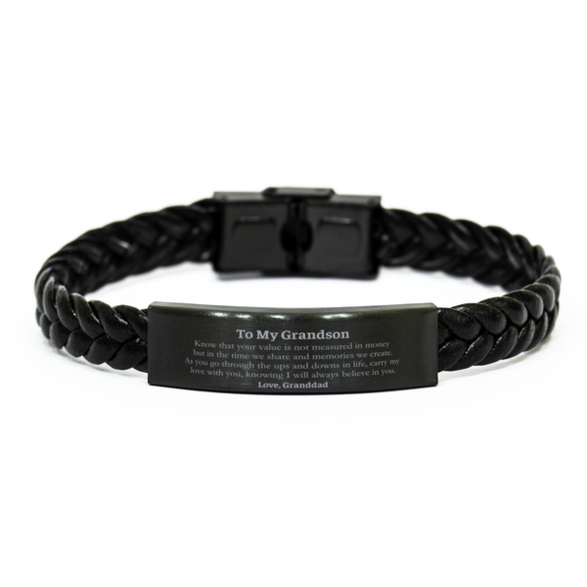 To My Grandson Braided Leather Bracelet Gift from Granddad Veterans Day Inspirational Jewelry for Him