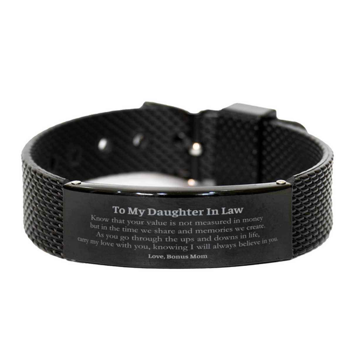 Daughter In Law Black Shark Mesh Bracelet - Carry My Love with You, Always Believe in You, Bonus Mom Inspirational Gift for Birthday, Christmas, Graduation, Veterans Day