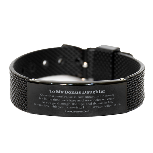 Pulsera de malla de tiburón negro Bonus Daughter: lleva mi amor, un regalo inspirador para Navidad, graduación y festividades. Confianza y recuerdos grabados de Bonus Dad