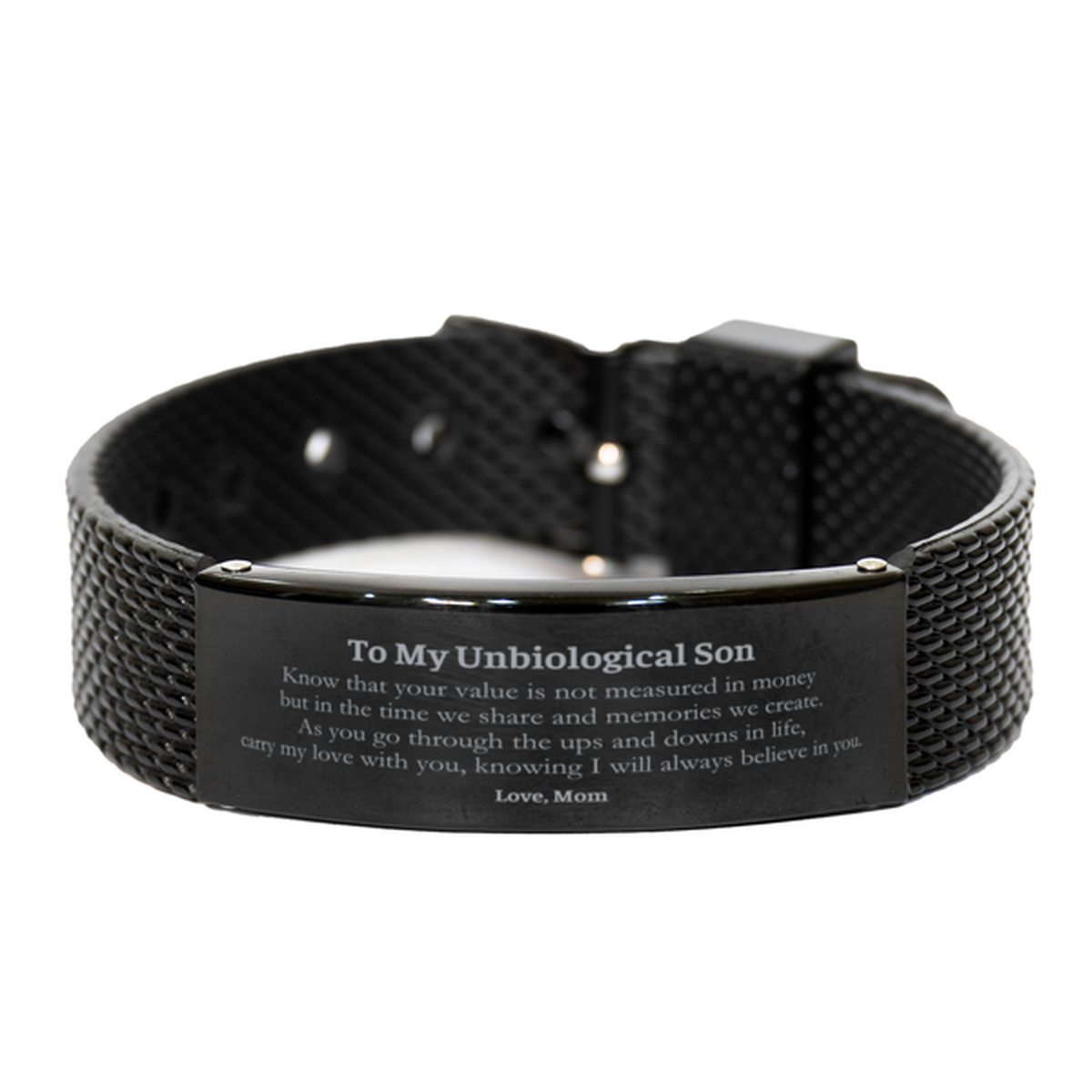 Black Shark Mesh Bracelet for Unbiological Son - Carry My Love with You, Always Believe in You - Perfect Gift for Birthday, Christmas, Graduation - Time, Memories, Love, Mom