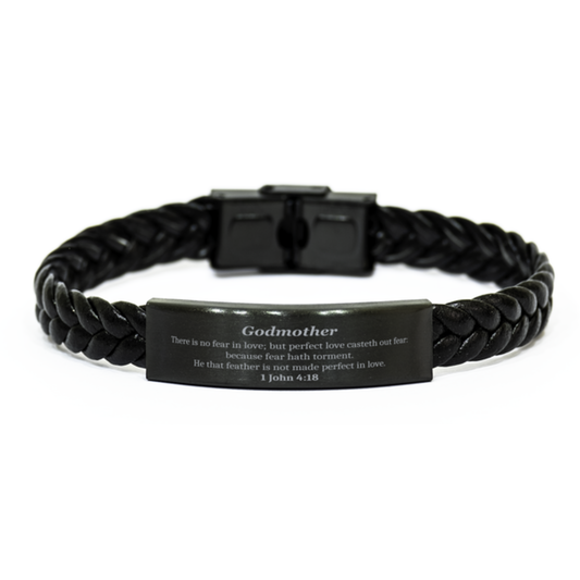 Braided Leather Bracelet Godmother 1 John 4:18 Fearless Confidence Inspirational Gift for Christmas and Birthday