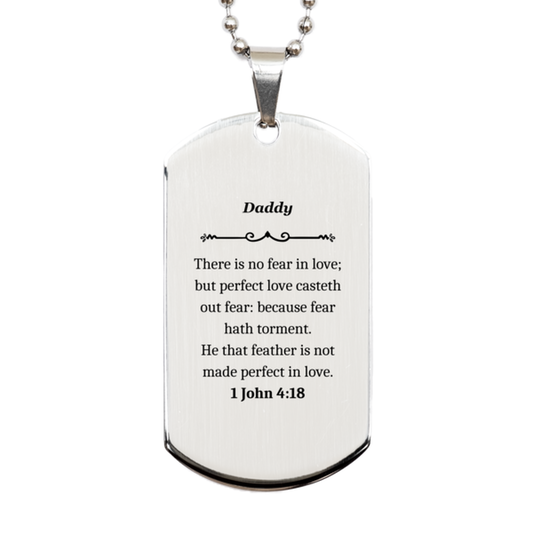 Placa de identificación para papá: el amor perfecto expulsa el miedo. Regalo inspirador para Navidad, cumpleaños y graduación. Placa de identificación grabada en plata.