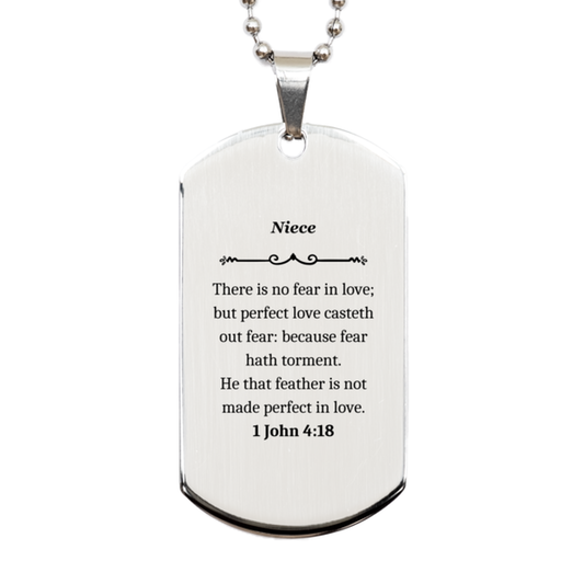 Engraved Silver Dog Tag for Niece: Perfect Love Casteth Out Fear, Inspirational Gift for Christmas, Graduation, and Birthday