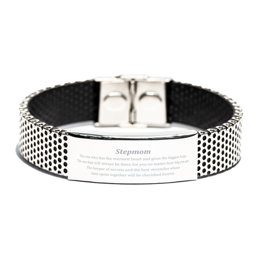 Stepmom Engraved Stainless Steel Bracelet - The Warmest Heart for Mothers Day, Birthday, Christmas - Stepmother Gift of Love and Forever Cherished Memories