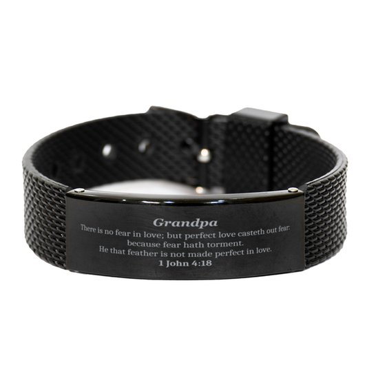 Black Shark Mesh Bracelet for Grandpa - Unique Engraved Gift for Christmas, Birthday, and Holidays - Confidence and Inspiration from 1 John 4:18