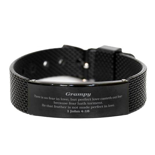 Grampy Black Shark Mesh Bracelet - Inspirational Bible Quote for Grandfathers Birthday Gift - Perfect Love Casteth out Fear - Unique Engraved Jewelry for Him