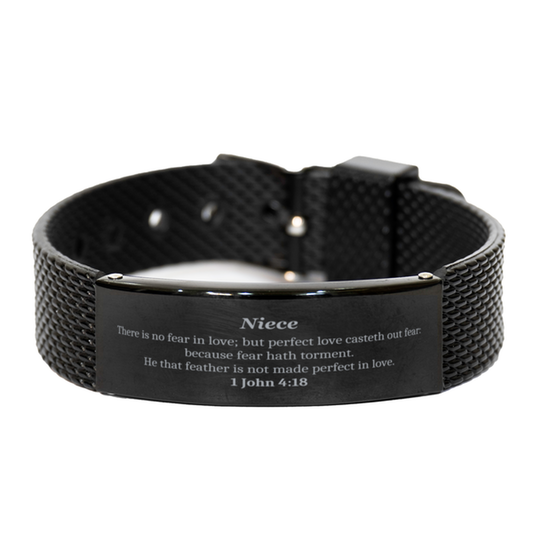 Black Shark Mesh Bracelet Niece Inspirational Love Gift for Christmas with 1 John 4:18 Quote and Hope