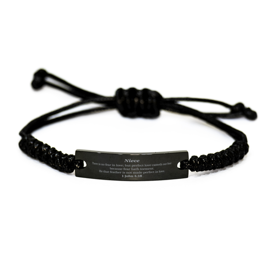 Engraved Black Rope Bracelet Niece Gift 1 John 4:18 Hope and Confidence in Perfect Love and Inspiration for Birthday or Christmas Present
