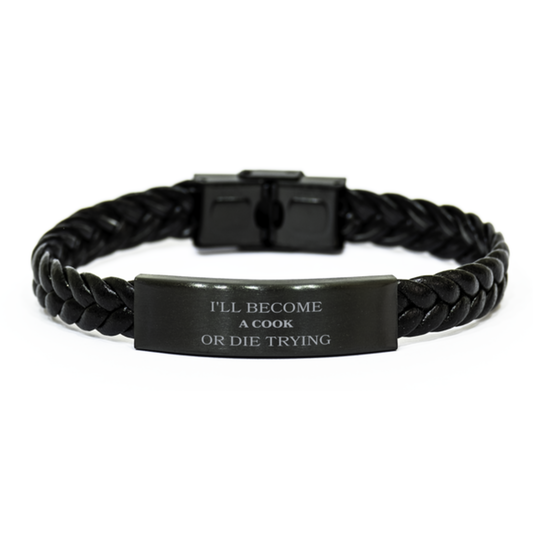 Unique Cook Braided Leather Bracelet - Cook or Die Trying Inspirational Confidence Gift for Birthdays and Graduations