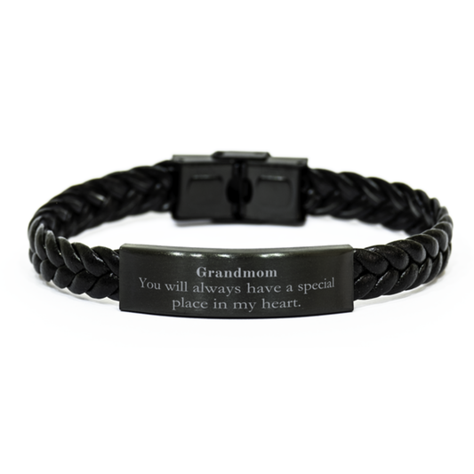 Grandmom Braided Leather Bracelet, Unique Gift for Birthday, Christmas, and Holidays, Engraved Quote: You will always have a special place in my heart, Inspirational Confidence Jewelry