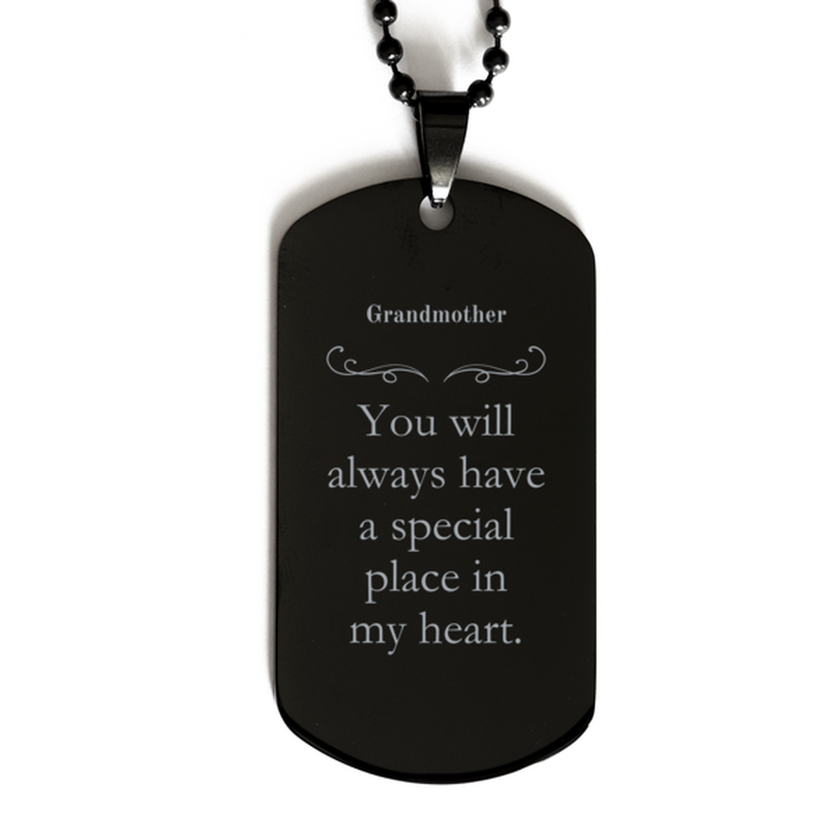 Grandmother Black Dog Tag Engraved with Special Place in Heart Perfect for Birthday or Christmas Gift