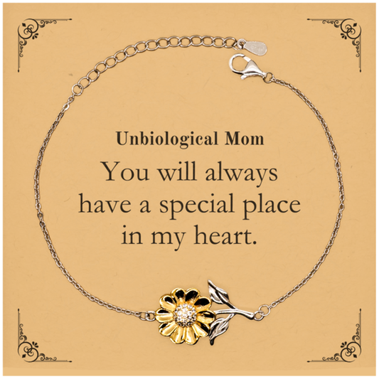 Unbiological Mom Sunflower Bracelet - You will always have a special place in my heart - Inspirational Gift for Mothers Day, Birthday, Christmas - Unique Engraved Jewelry for Step Mom, Bonus Mom, Stepmother